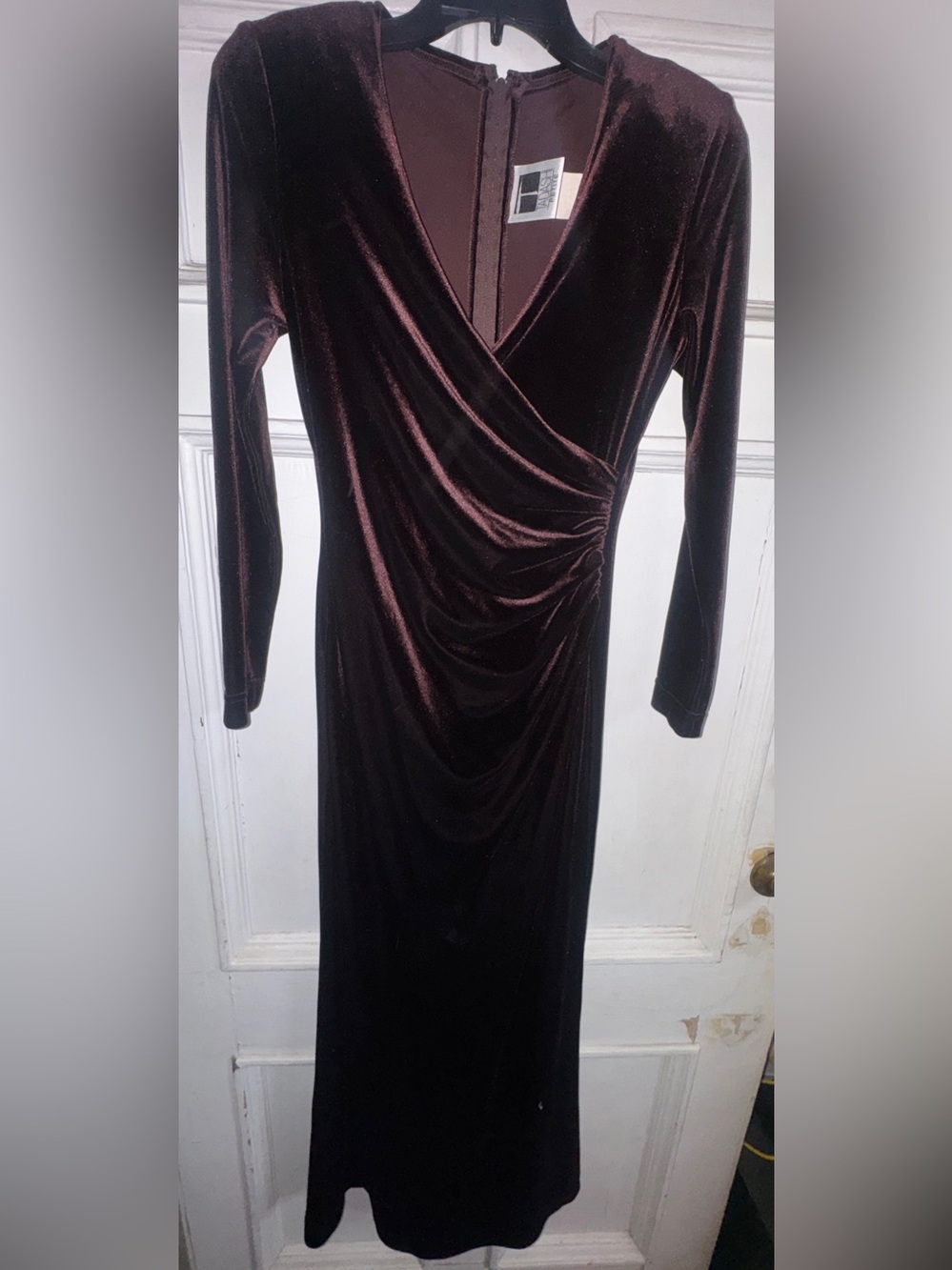 espresso brown Tadashi Shoji gown features luxurious velvet 1990’s